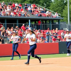 Action scene from a college softball game between Mizzou and UCF.