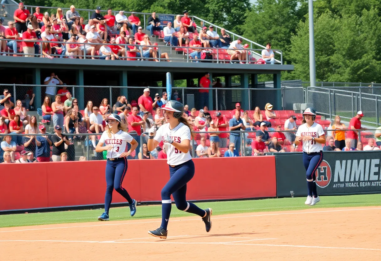 Action scene from a college softball game between Mizzou and UCF.