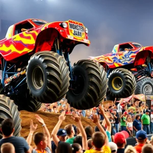 Spectacle of Monster Jam trucks performing stunts in Orlando.