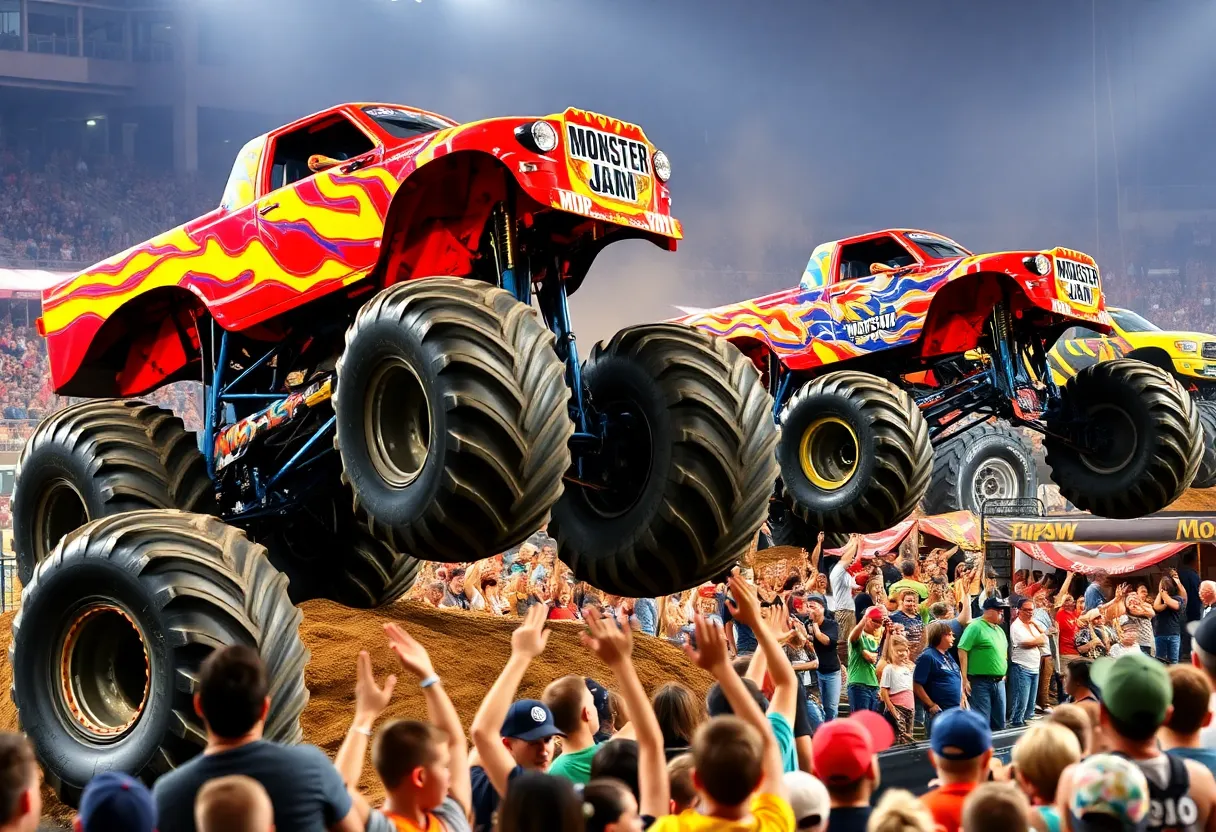 Spectacle of Monster Jam trucks performing stunts in Orlando.