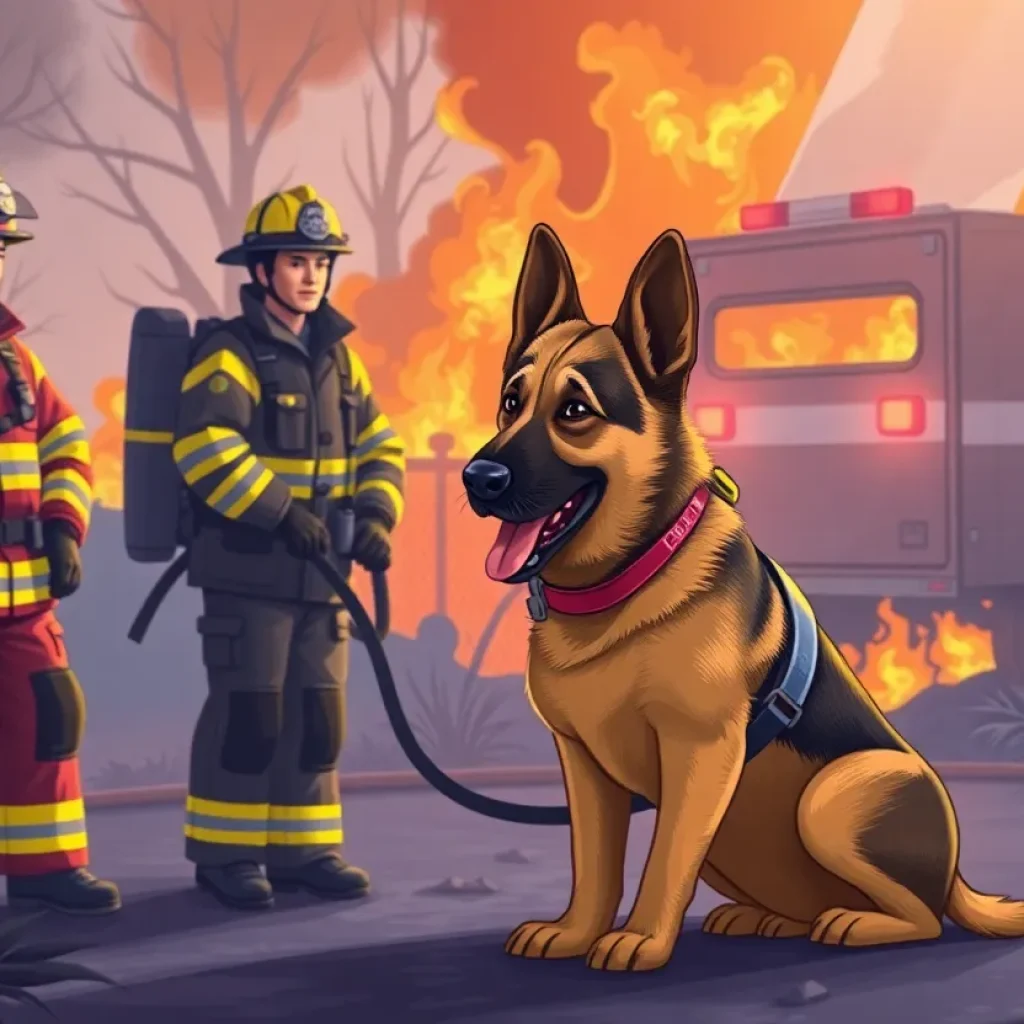 Nessie, arson detection K9, with firefighters at a fire scene