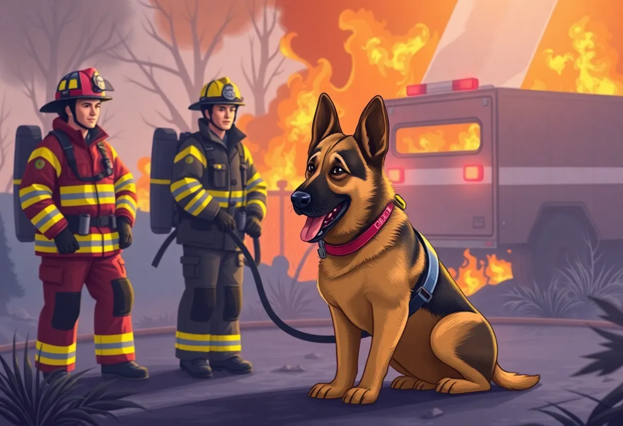 Nessie, arson detection K9, with firefighters at a fire scene