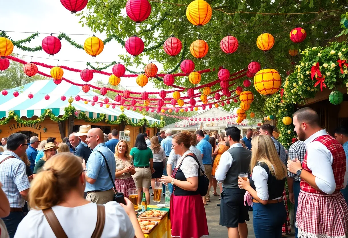 Festive Oktoberfest celebration in Orlando with people enjoying food and drinks.