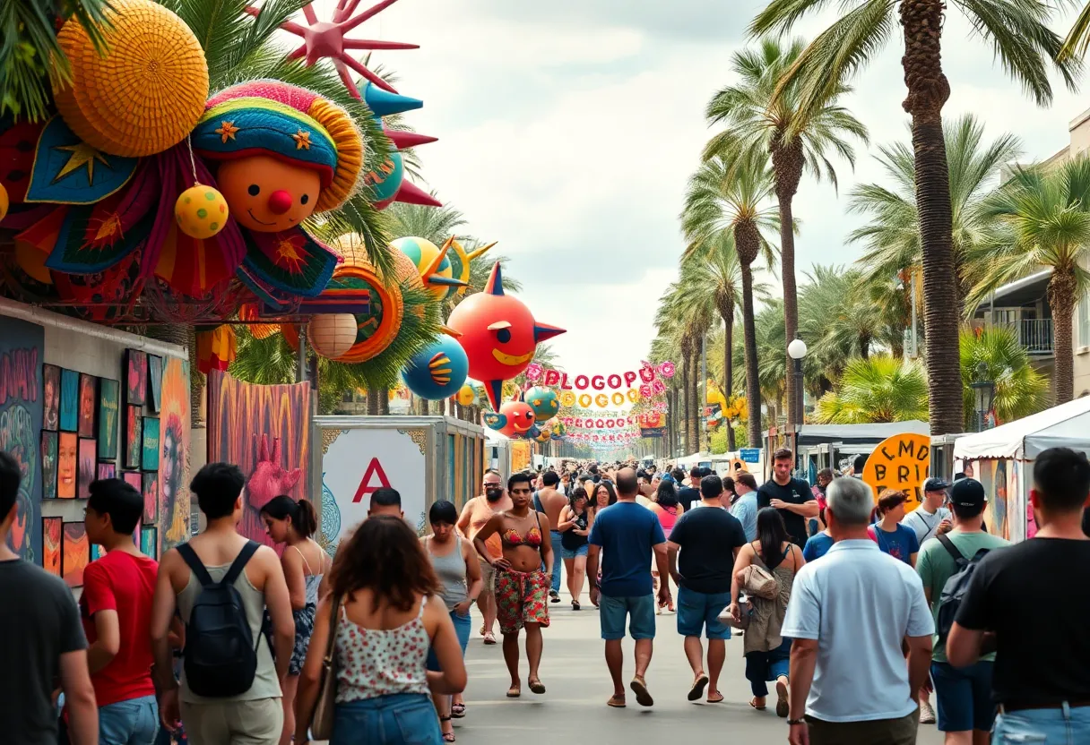 Crowd enjoying an art festival in Orlando with colorful artworks