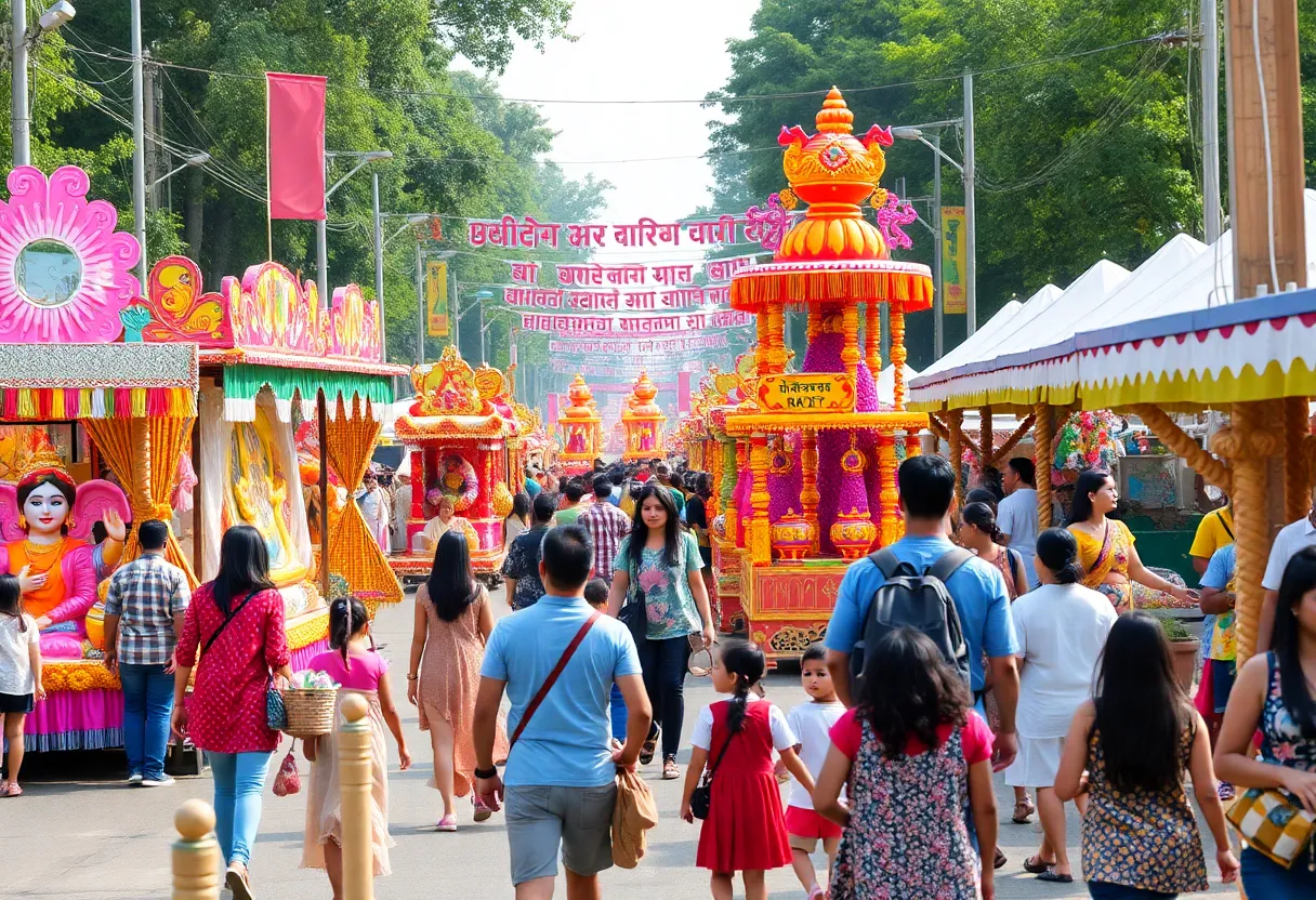 Colorful scene from an Orlando arts festival with floats and art displays.