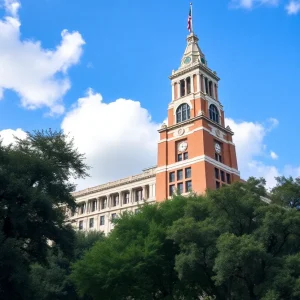 Orlando City Hall surrounded by greenery and blue sky