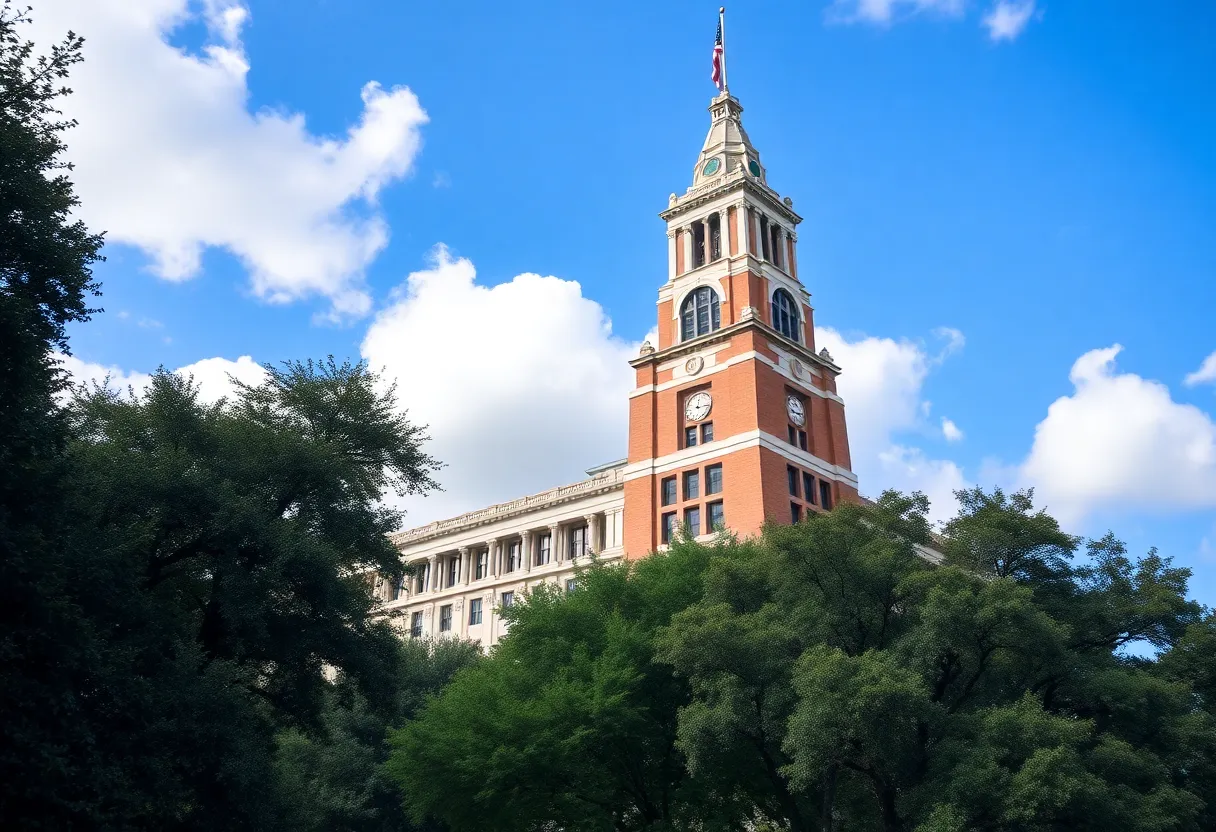 Orlando City Hall surrounded by greenery and blue sky