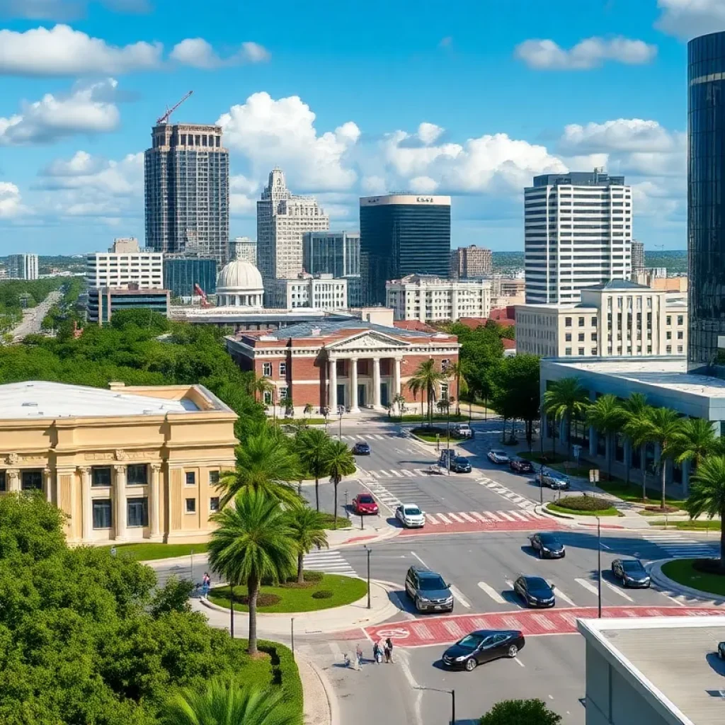 A cityscape view of Orlando with elements representing local governance and law enforcement.