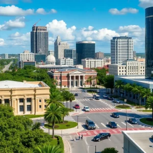 A cityscape view of Orlando with elements representing local governance and law enforcement.
