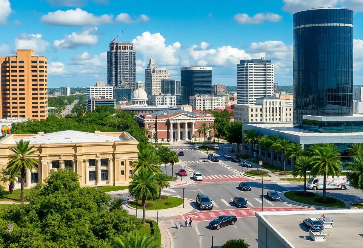 A cityscape view of Orlando with elements representing local governance and law enforcement.