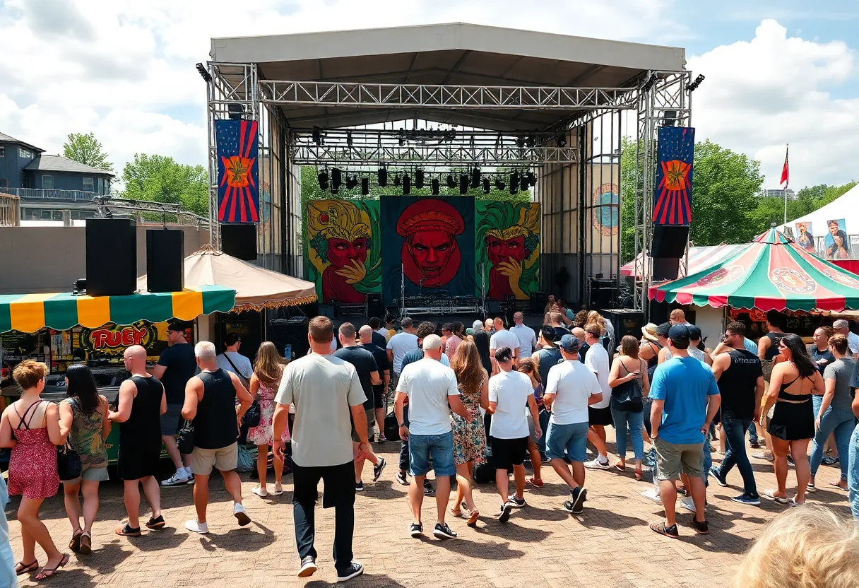 A lively atmosphere at the Orlando Daylite event featuring dancing, DJs, and festival goers enjoying food.