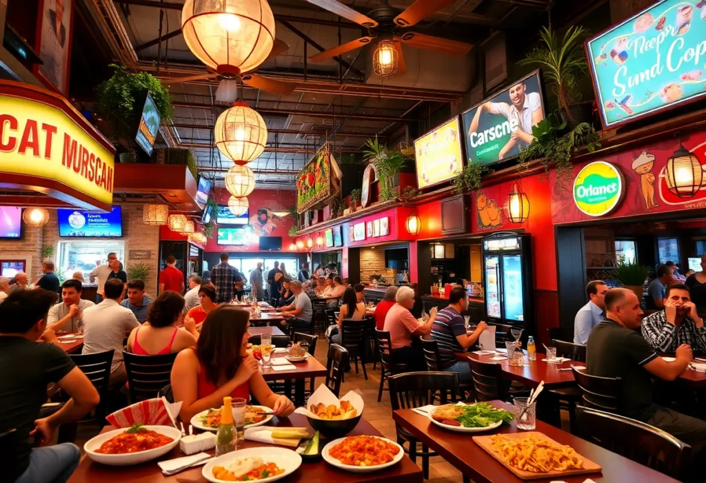 A collage of various restaurant dishes and dining experiences in Orlando.