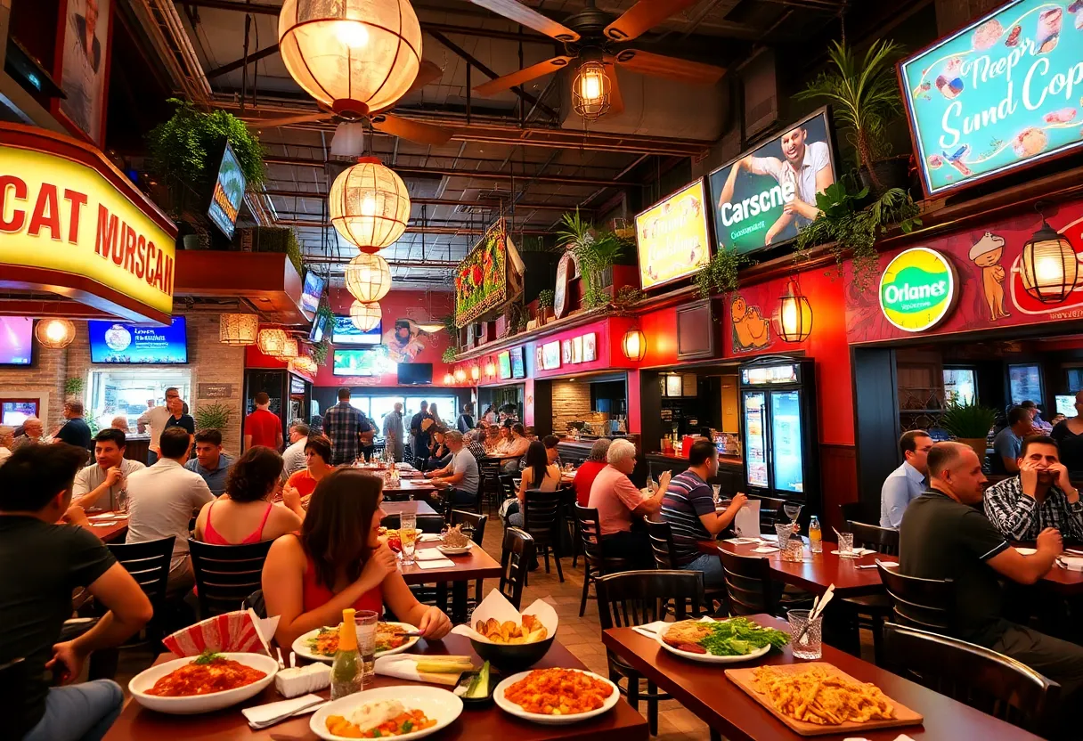 A collage of various restaurant dishes and dining experiences in Orlando.