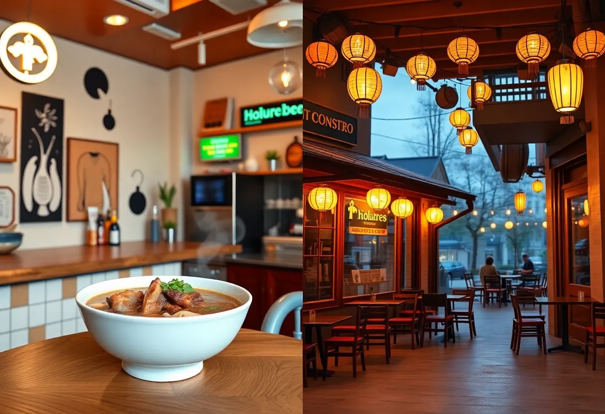 Minimalist 2-D noodle bar interior with a steaming bowl of short rib pho and a cozy Vietnamese bistro storefront with lanterns