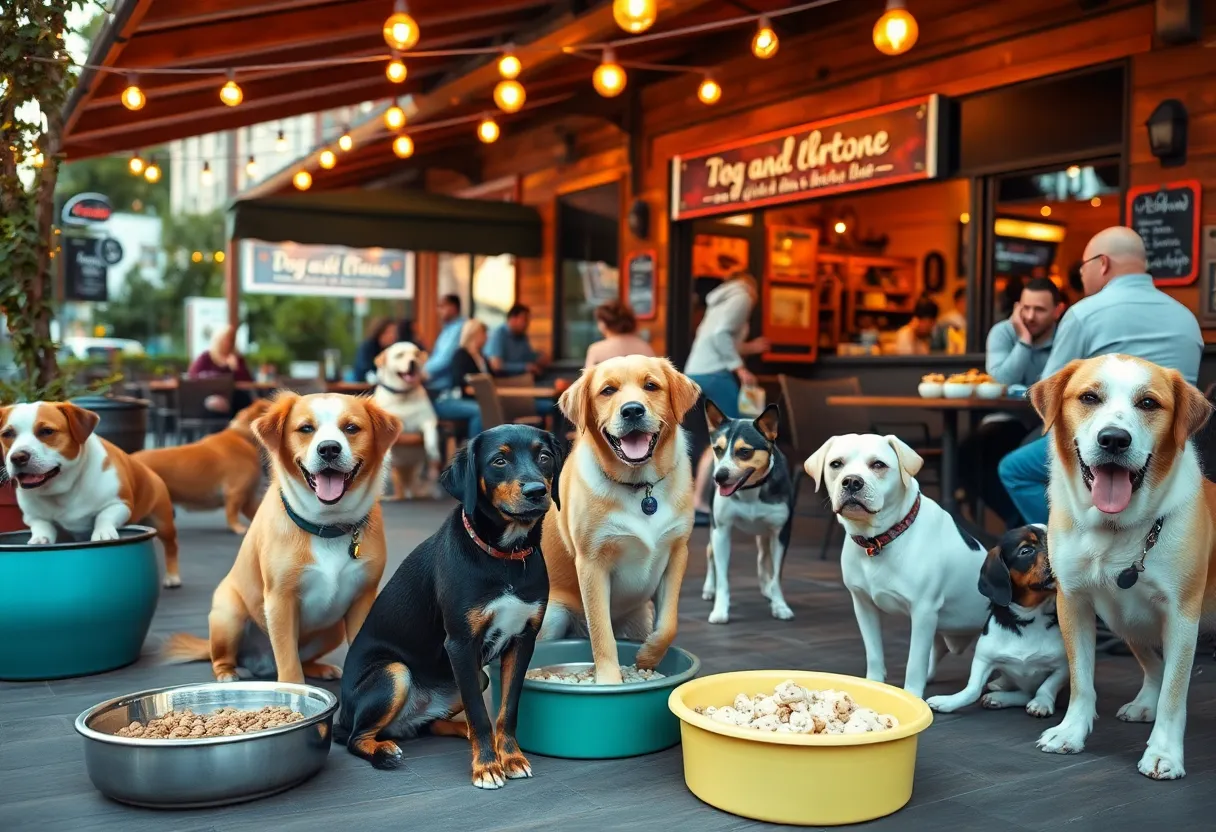 Dogs enjoying treats and dog bowls on a restaurant patio during a National Dog Day celebration