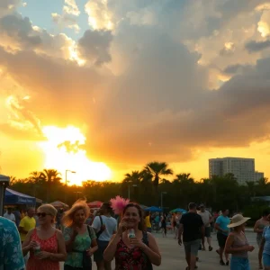 View of a hot summer day in Orlando with dark clouds and people outdoors