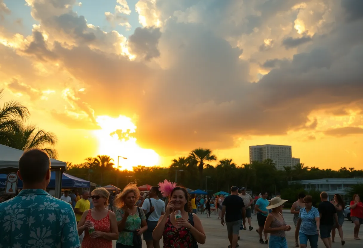 View of a hot summer day in Orlando with dark clouds and people outdoors