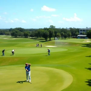 A view of an Orlando golf course with players practicing.
