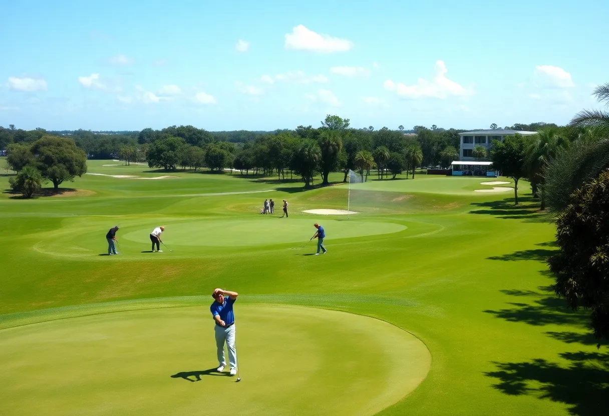 A view of an Orlando golf course with players practicing.