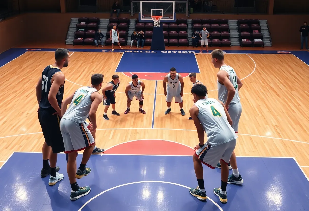 Orlando Magic players strategizing on the court after a trade acquisition.