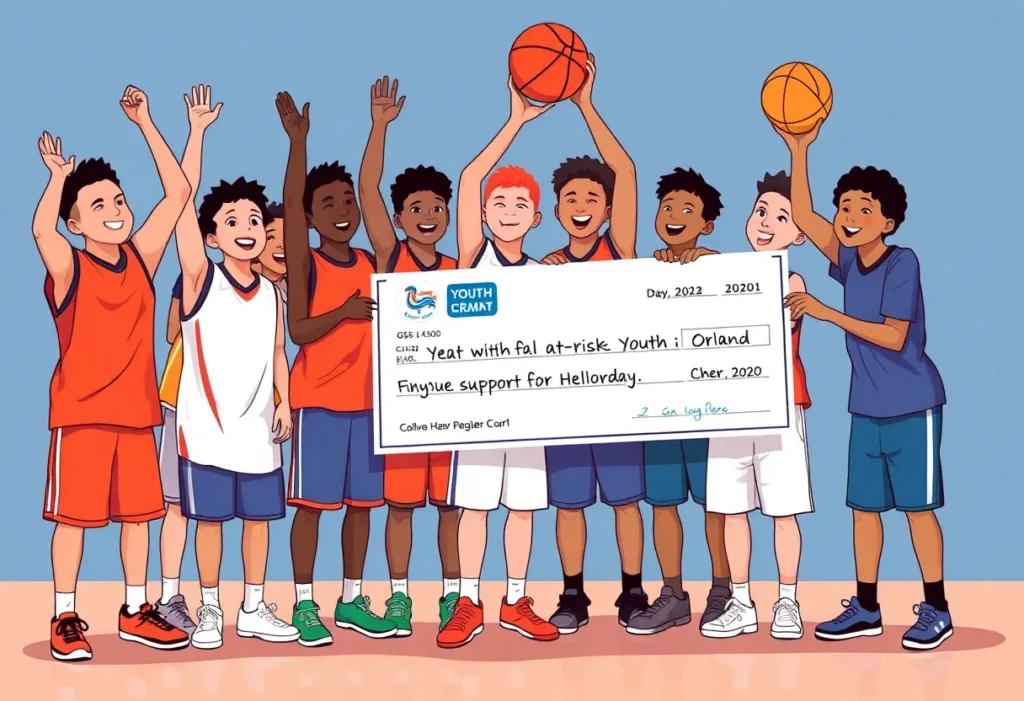 Youth basketball team celebrating receiving a grant from the Orlando Magic Youth Foundation.