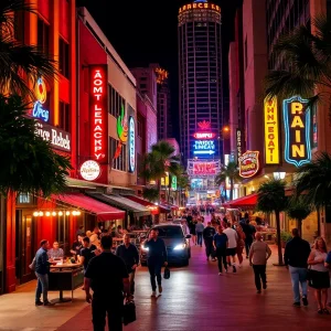Downtown Orlando nightlife scene with bars and security personnel