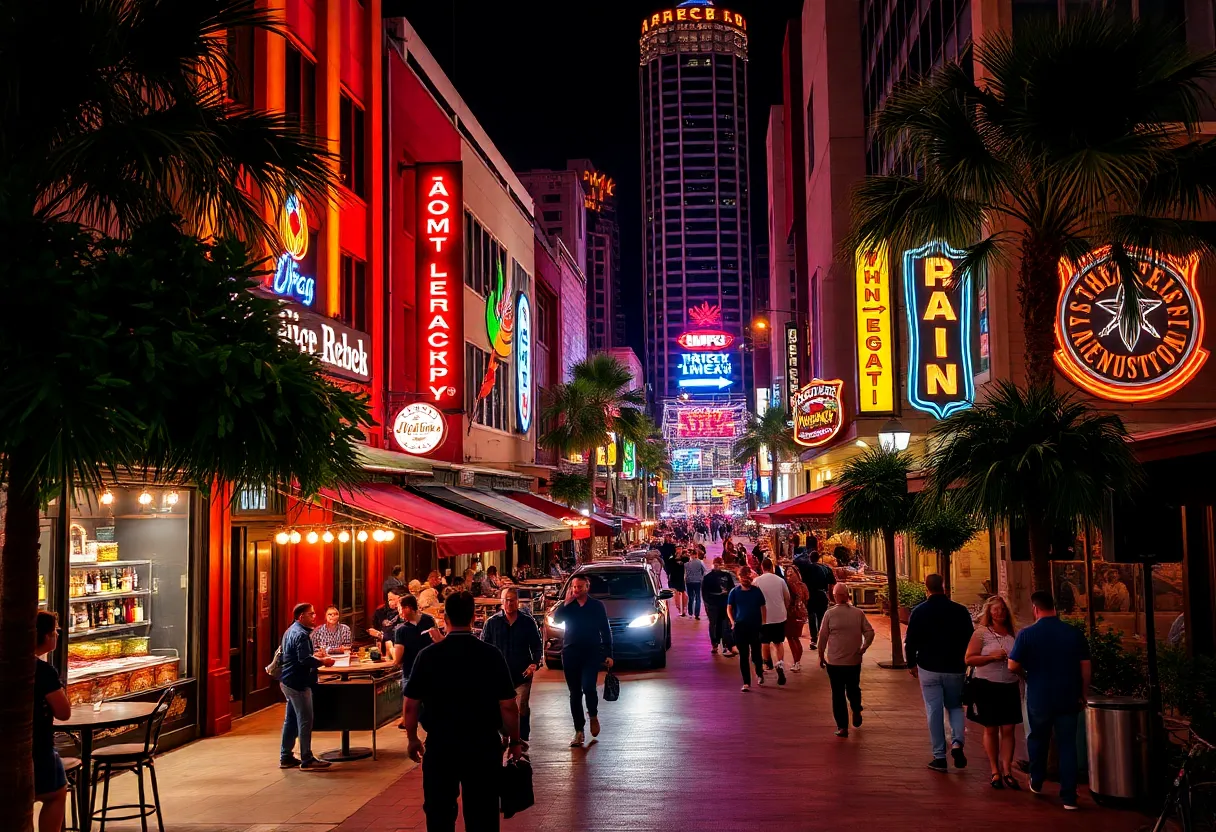 Downtown Orlando nightlife scene with bars and security personnel