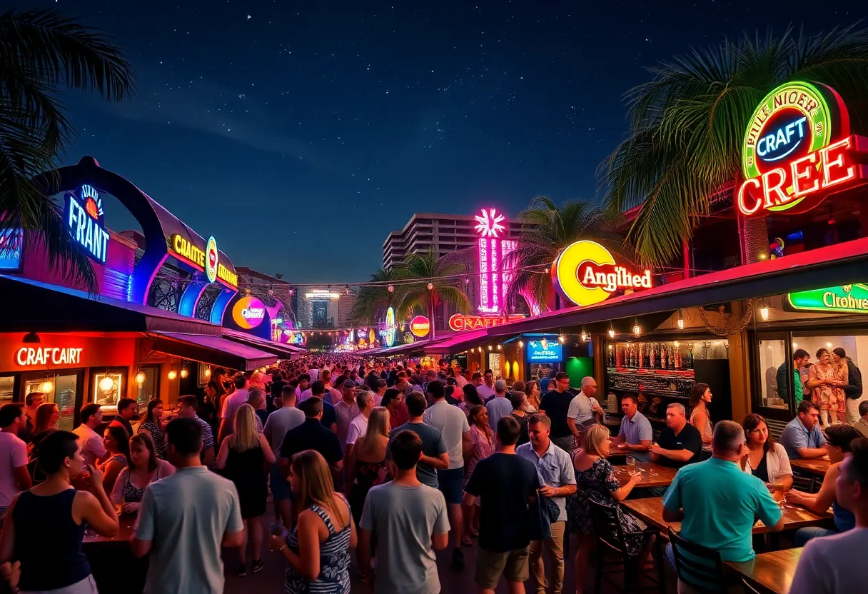 View of Orlando nightlife with people enjoying craft beer and outdoor dining.