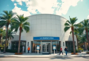 Exterior view of the new U.S. passport office in Orlando with visitors.