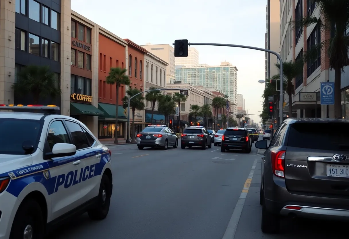 Police presence in downtown Orlando after a shooting incident.