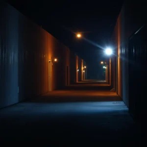 Police lights illuminating an alley in Orlando during a crime investigation.