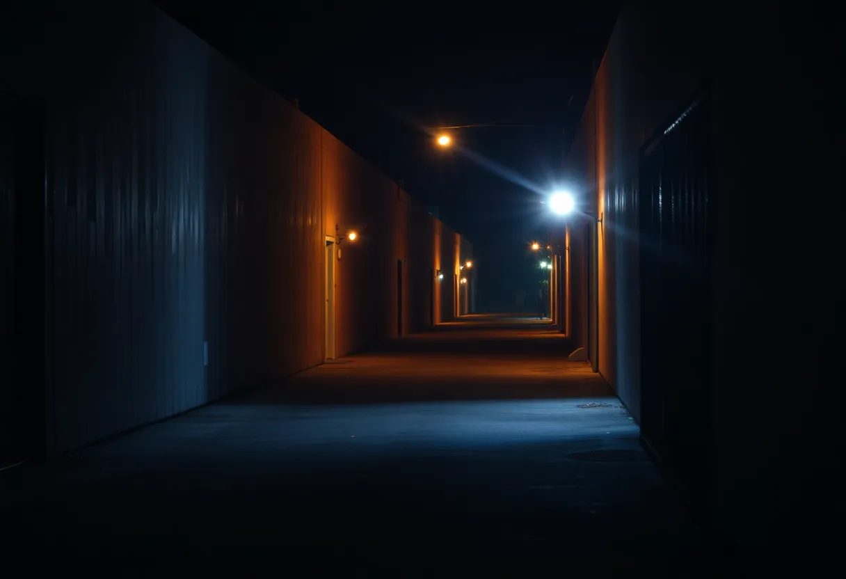 Police lights illuminating an alley in Orlando during a crime investigation.