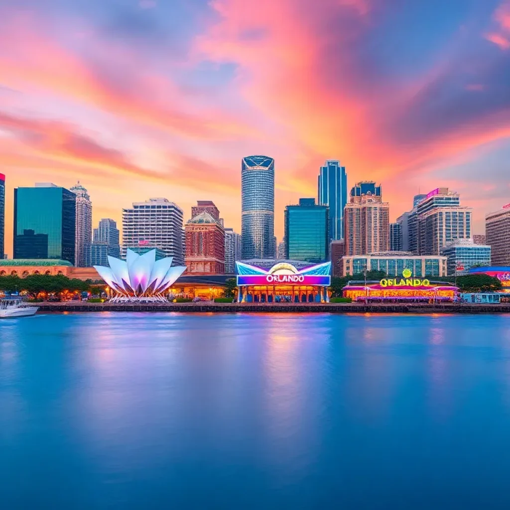 Skyline view of Orlando highlighting tourist attractions.