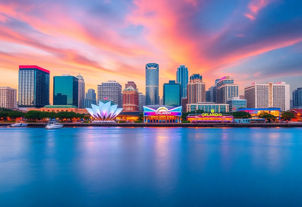 Skyline view of Orlando highlighting tourist attractions.