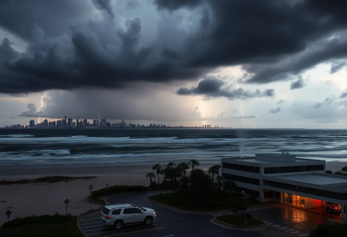 Dark storm clouds over an urban Florida skyline with heavy rain, lightning and rough ocean waves hitting the east coast beach