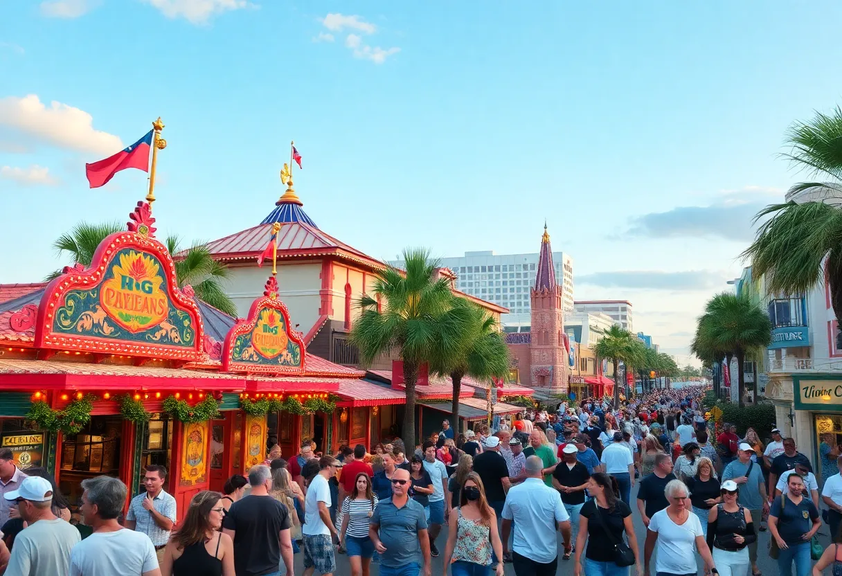Crowded tourist area in Orlando, illustrating the tourism sector's importance and challenges.