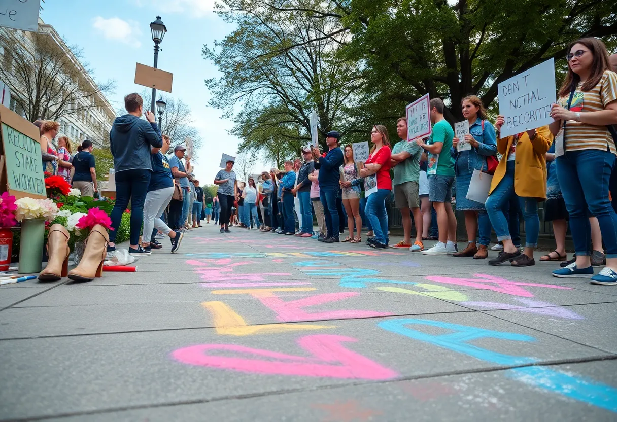 Protestors demonstrate with colorful chalk at the Pulse memorial site in Orlando