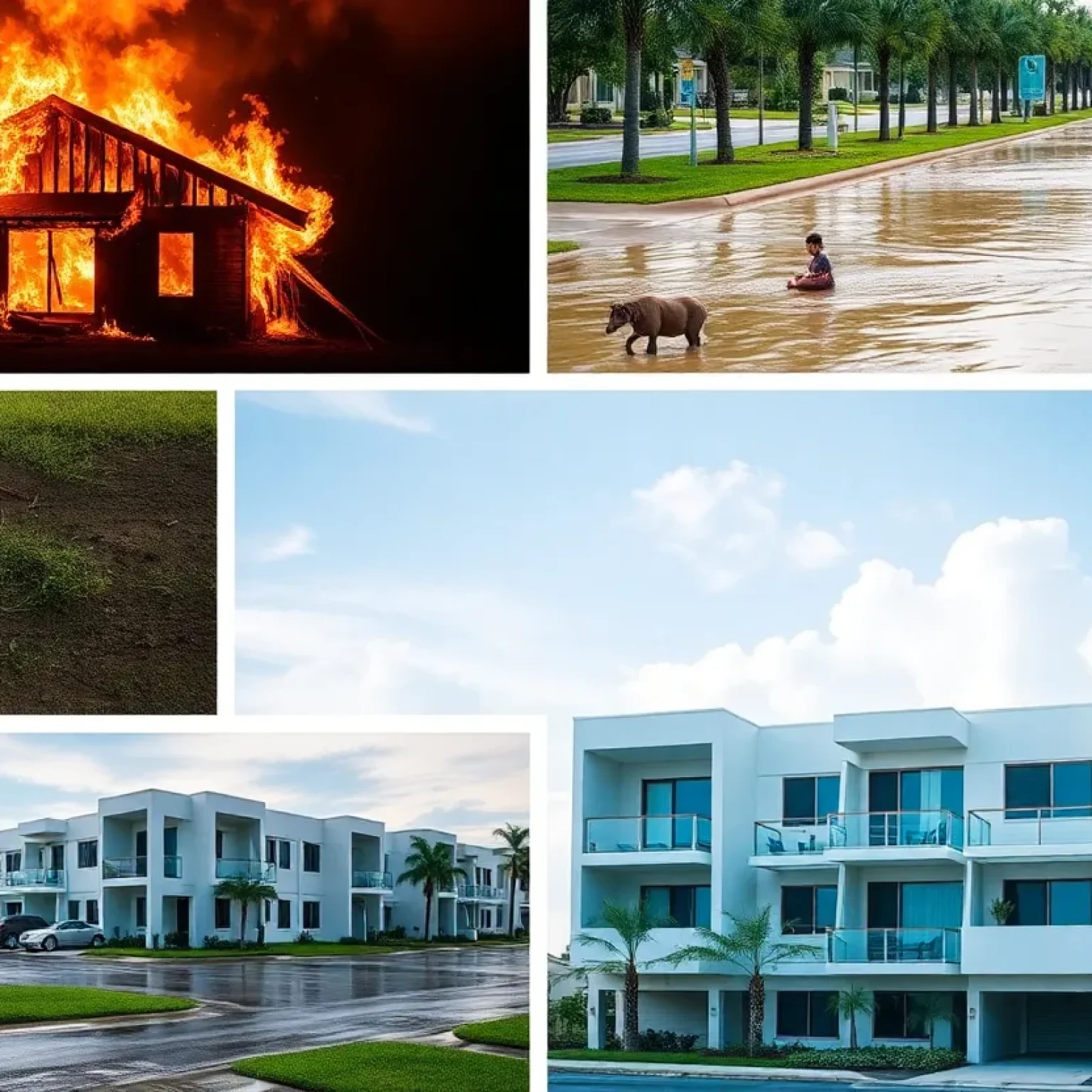 Collage of significant recent events in Orlando, including a fire, flooding, and community development.