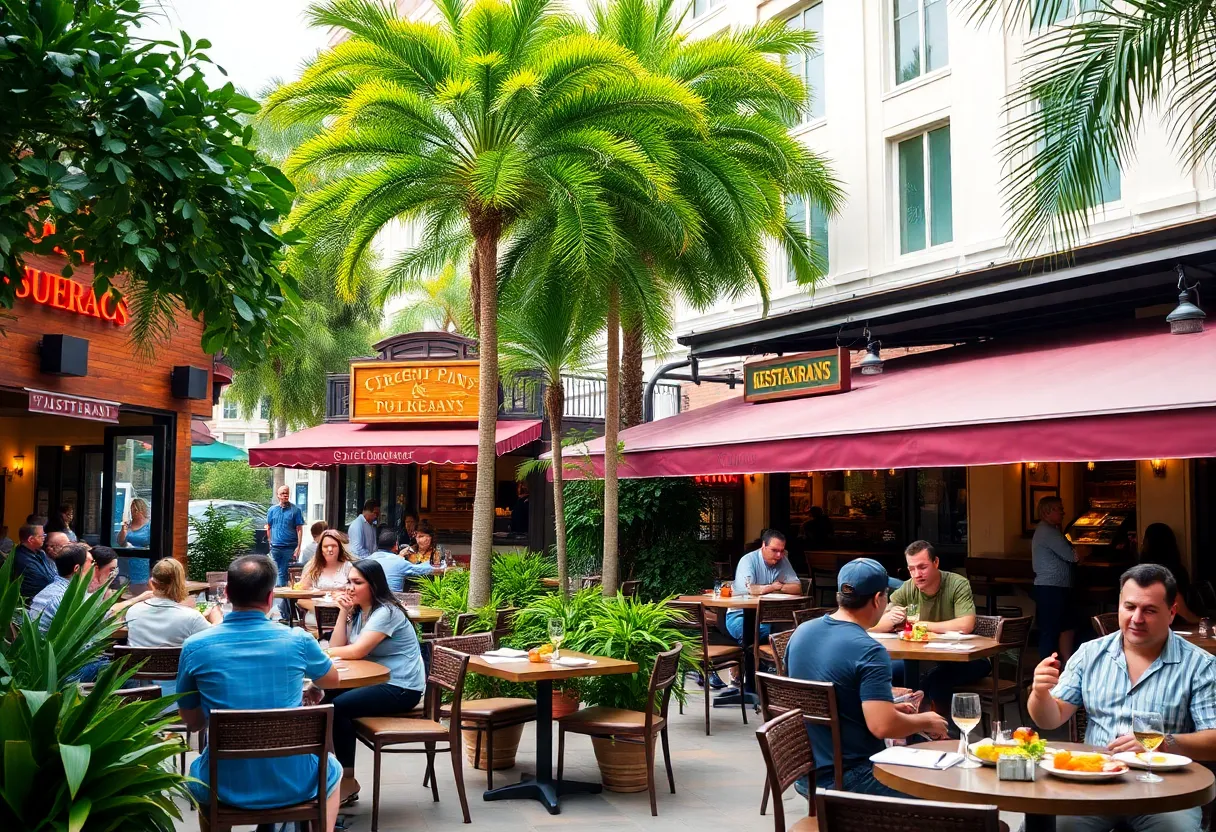 A picturesque outdoor dining area in Orlando with diners enjoying their meals.