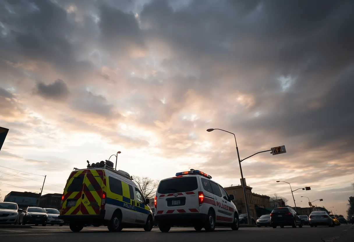 Dramatic street scene showing parking enforcement vehicle