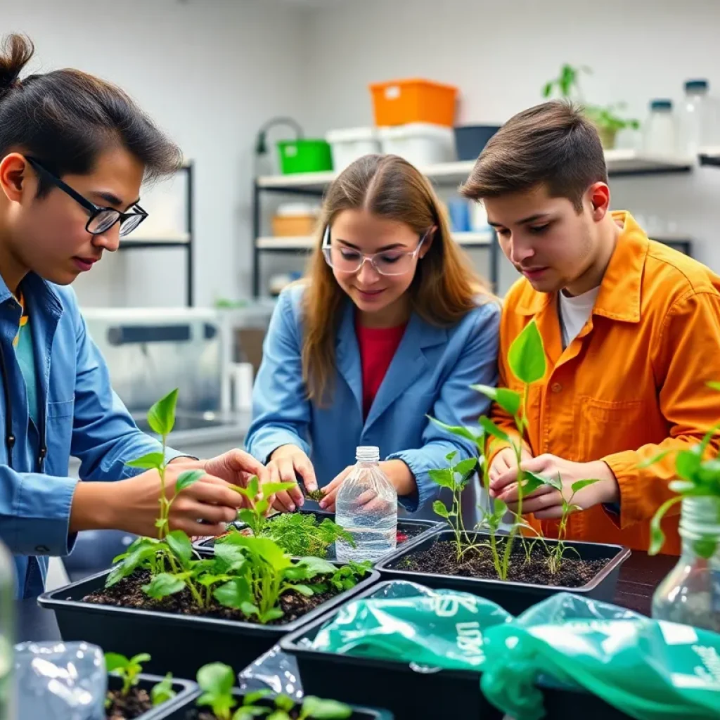 Young inventors in a lab working on recycling plastic waste into organic fertilizer.