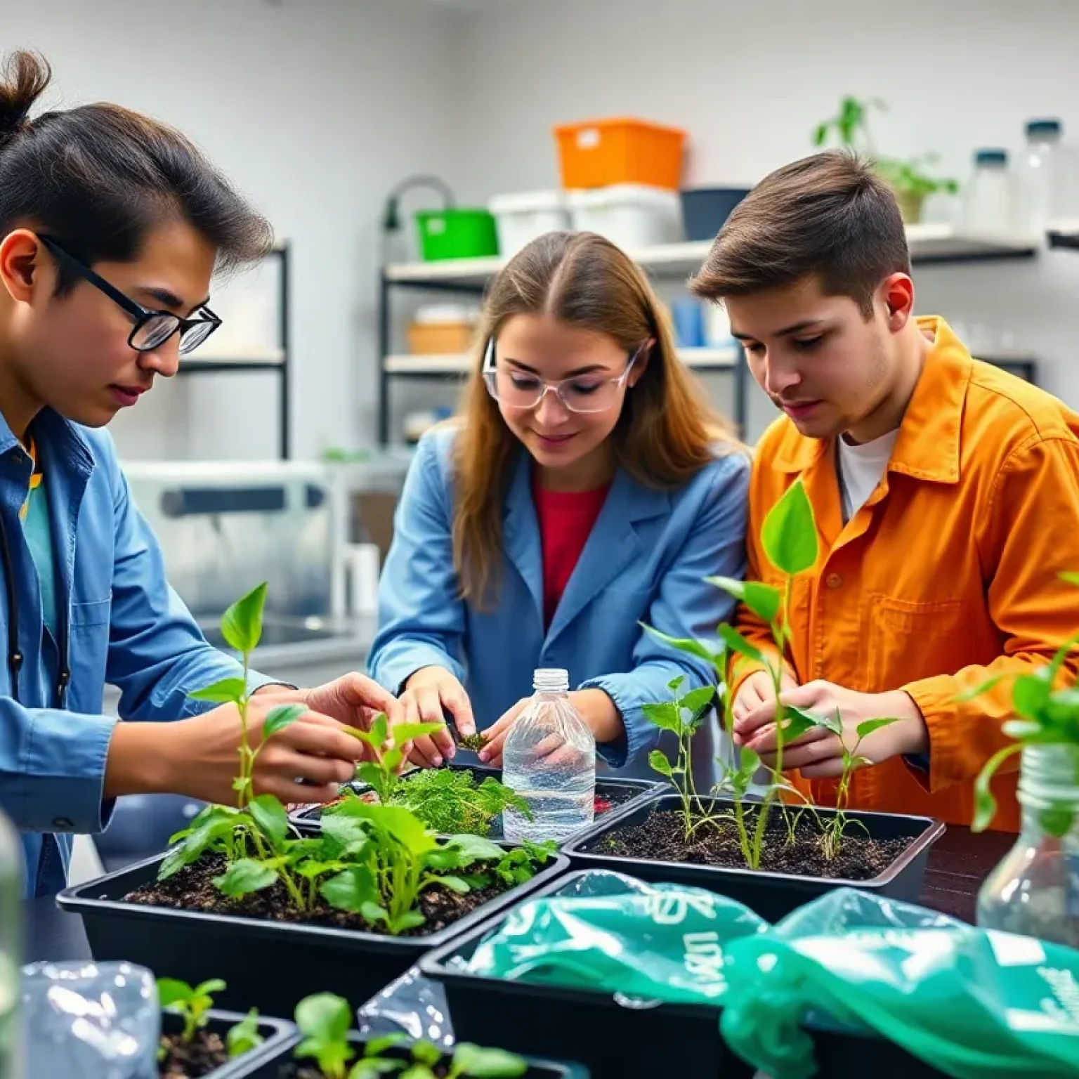 Young inventors in a lab working on recycling plastic waste into organic fertilizer.