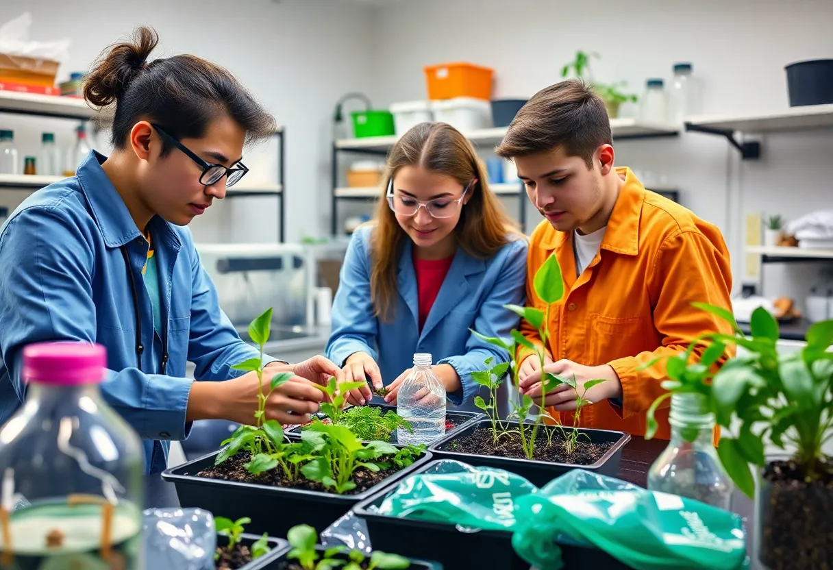 Young inventors in a lab working on recycling plastic waste into organic fertilizer.