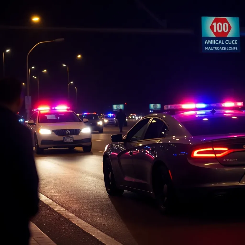 A police car in pursuit at night with flashing lights.