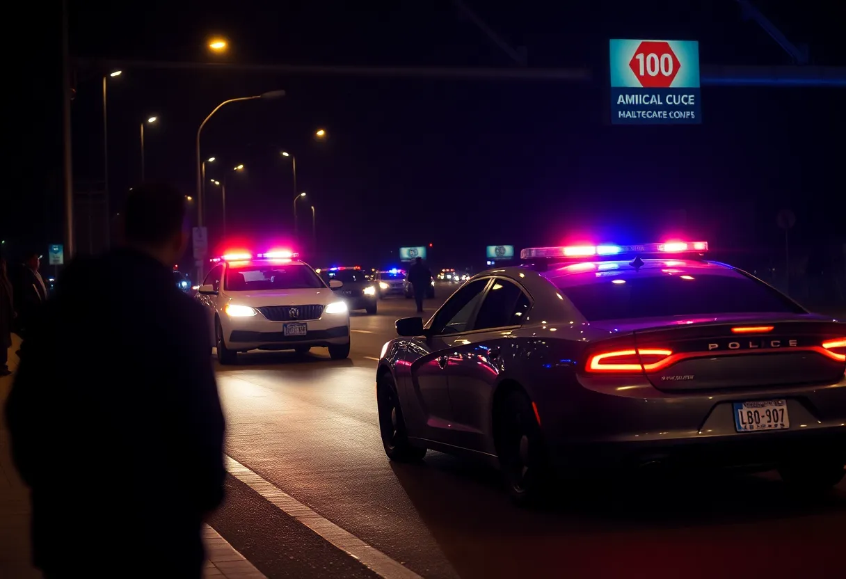 A police car in pursuit at night with flashing lights.