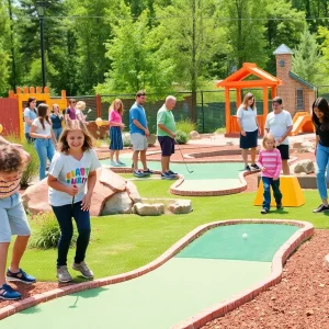 Kids and adults enjoying mini golf at PopStroke in Winter Garden