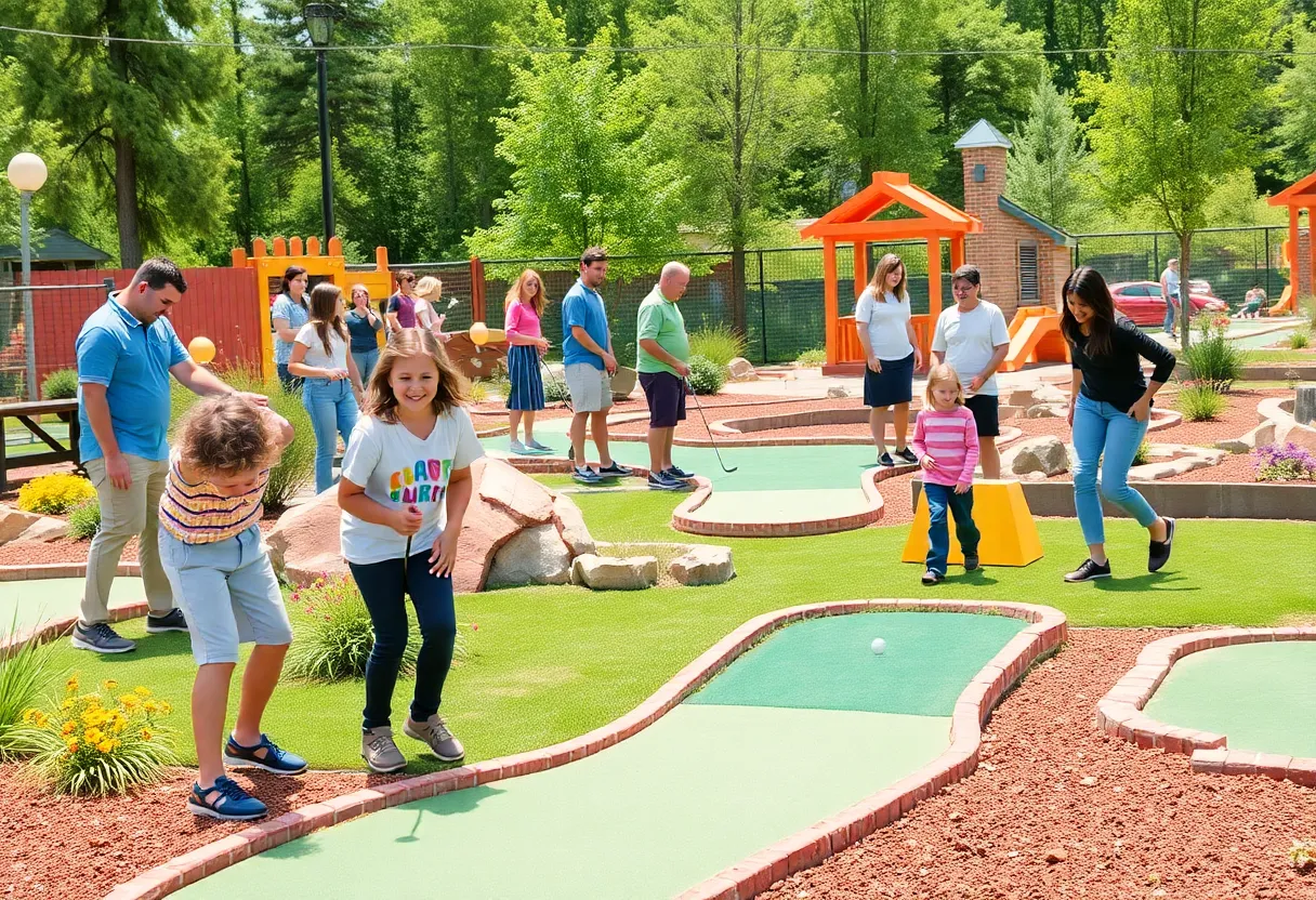 Kids and adults enjoying mini golf at PopStroke in Winter Garden