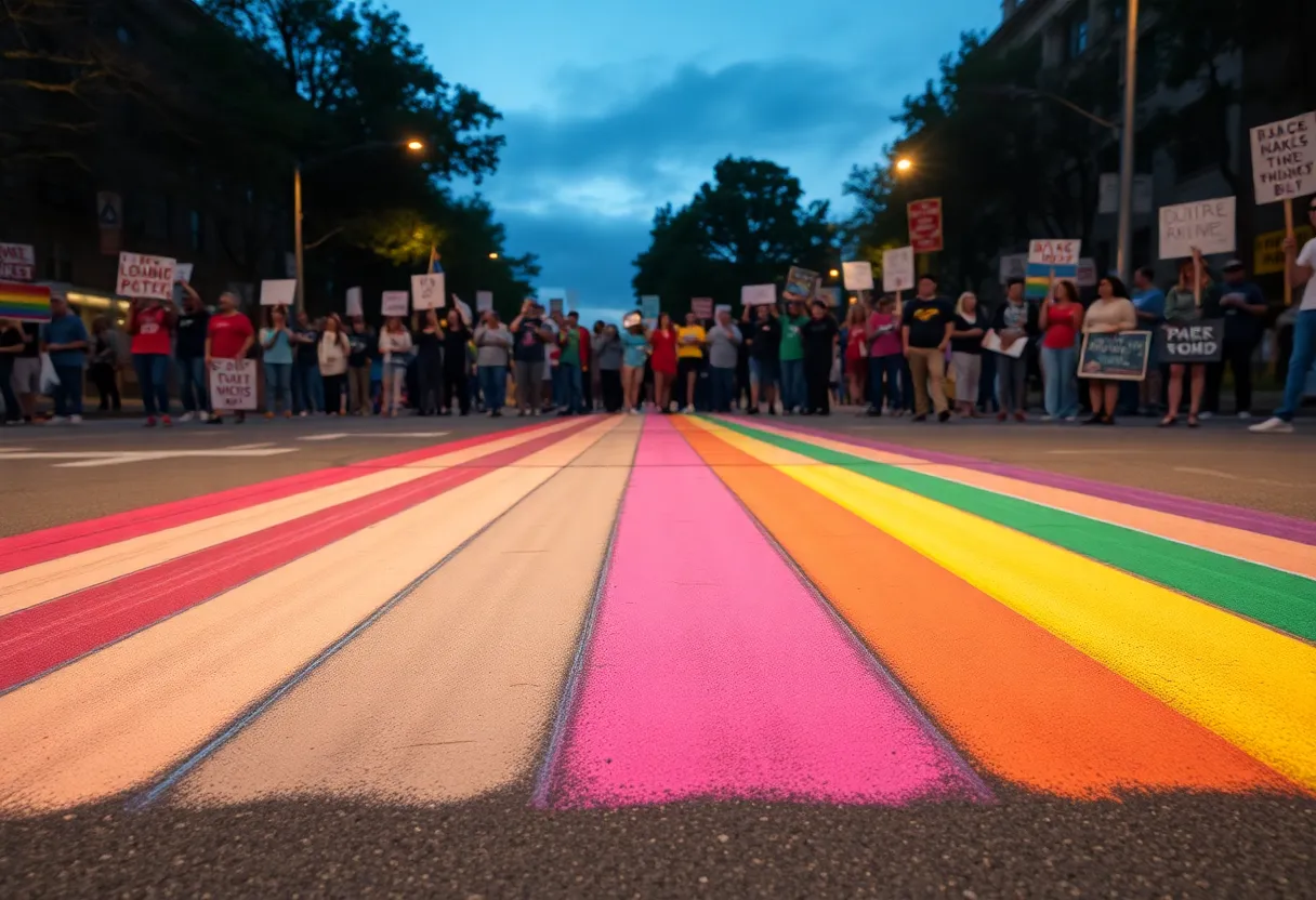 Vibrant chalk rainbow crosswalk with protesters in Orlando