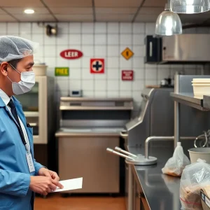 Health inspector checking restaurant cleanliness and safety standards.