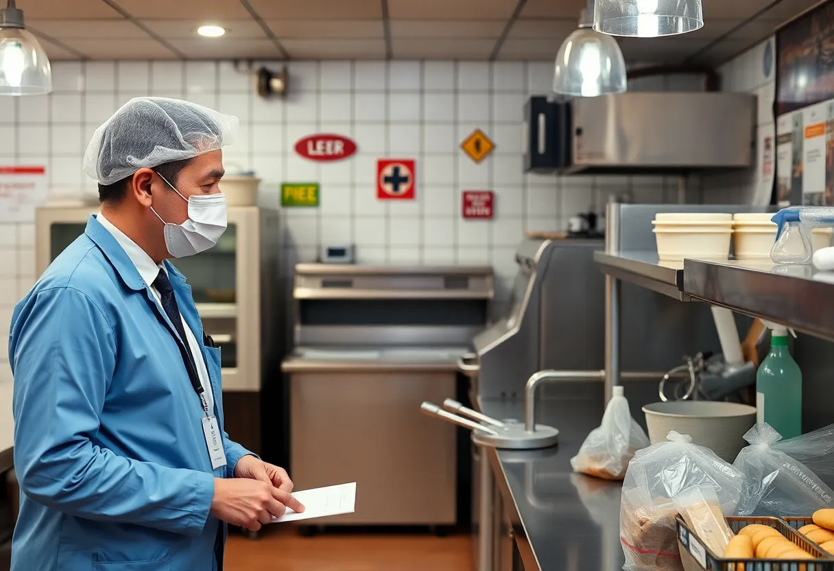 Health inspector checking restaurant cleanliness and safety standards.